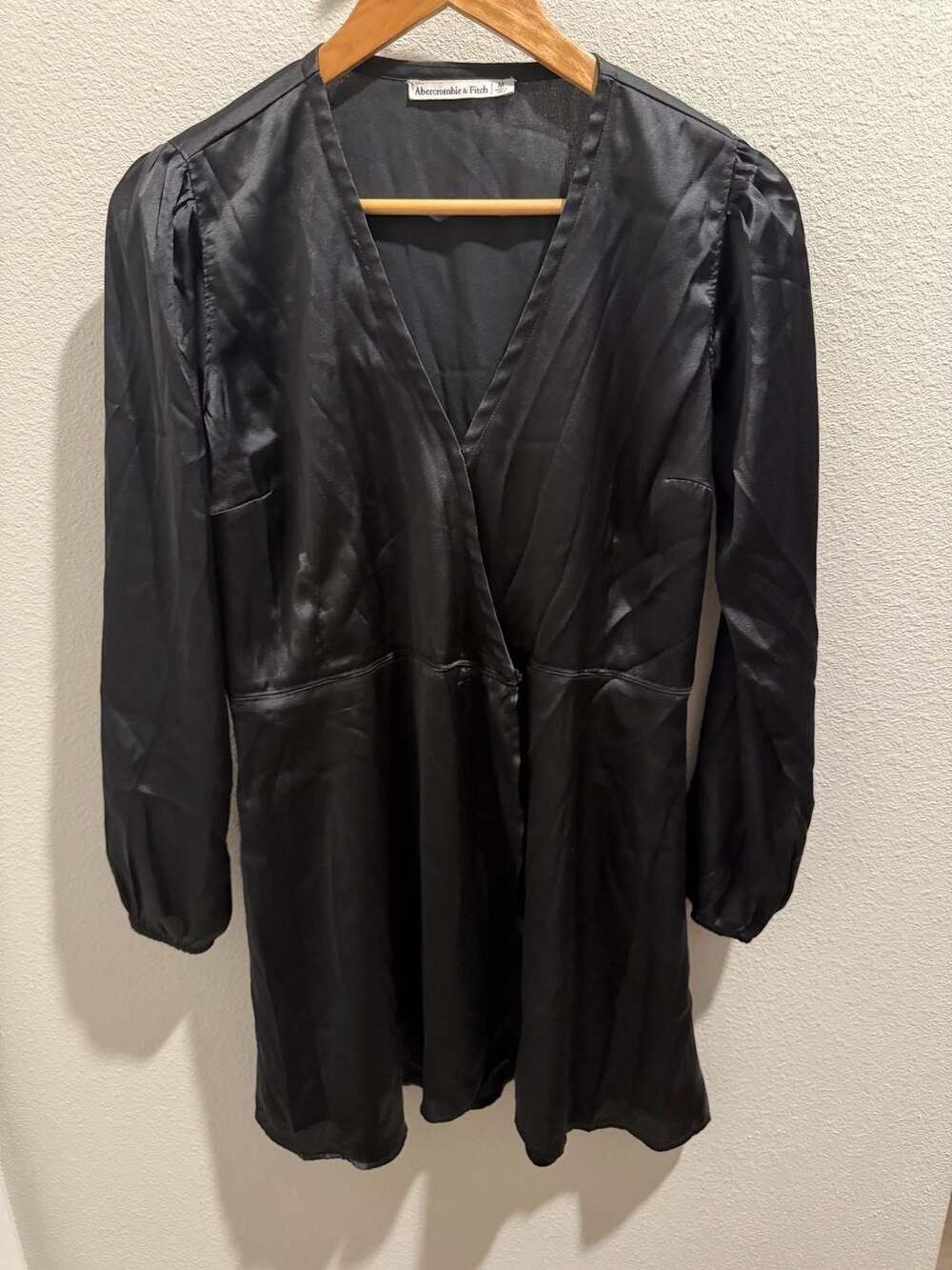 Abercrombie & Fitch Black Satin Long Sleeve V-Neck Wrap Dress